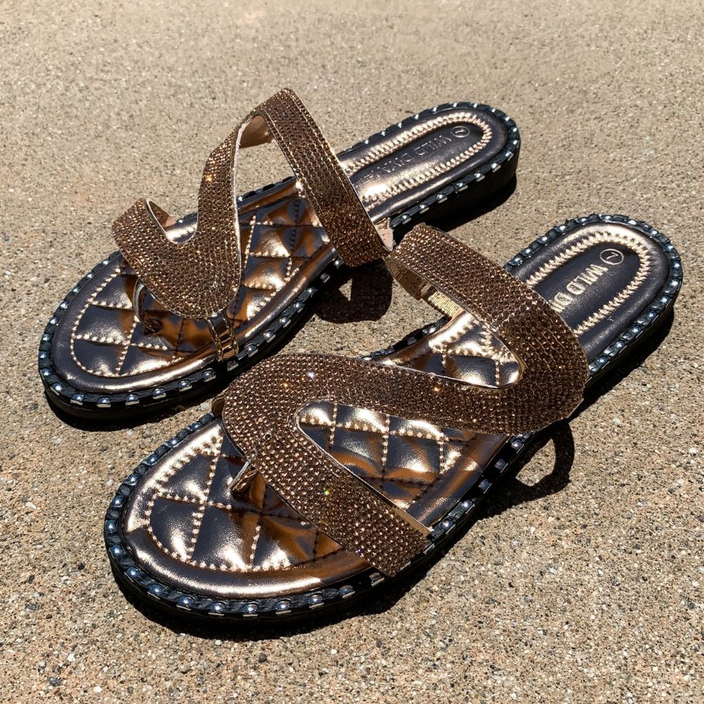 NEWπ₯ Rose Gold Rhinestone Slide Sandal Flip Flops - Picture 3 of 5